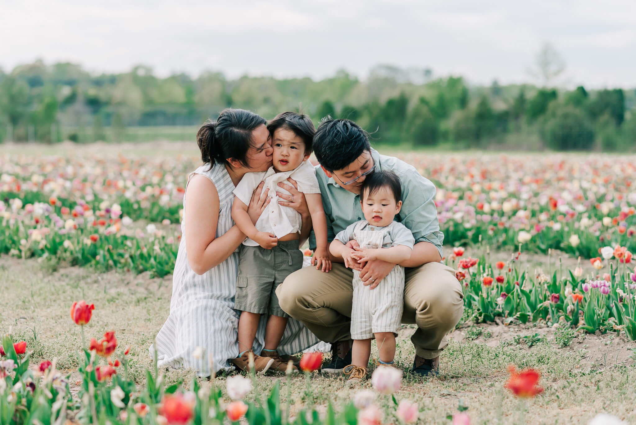 A mother and father sit in a tulip garden while kissing their two sons things to do in fairfax