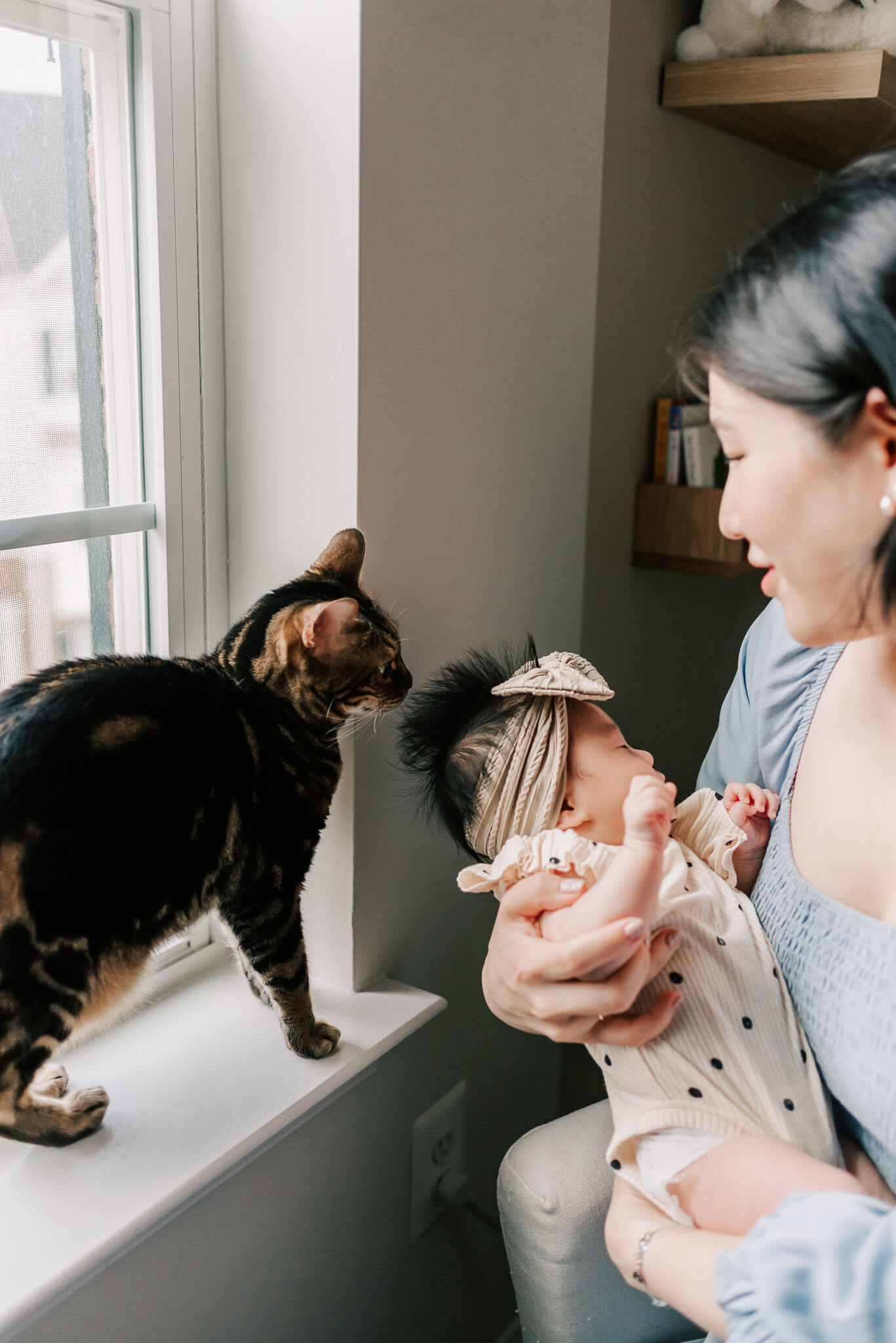 A mother in a blue dress sits in a chair and shows her newborn baby to her cat in a windowsill serendipity wellness studio