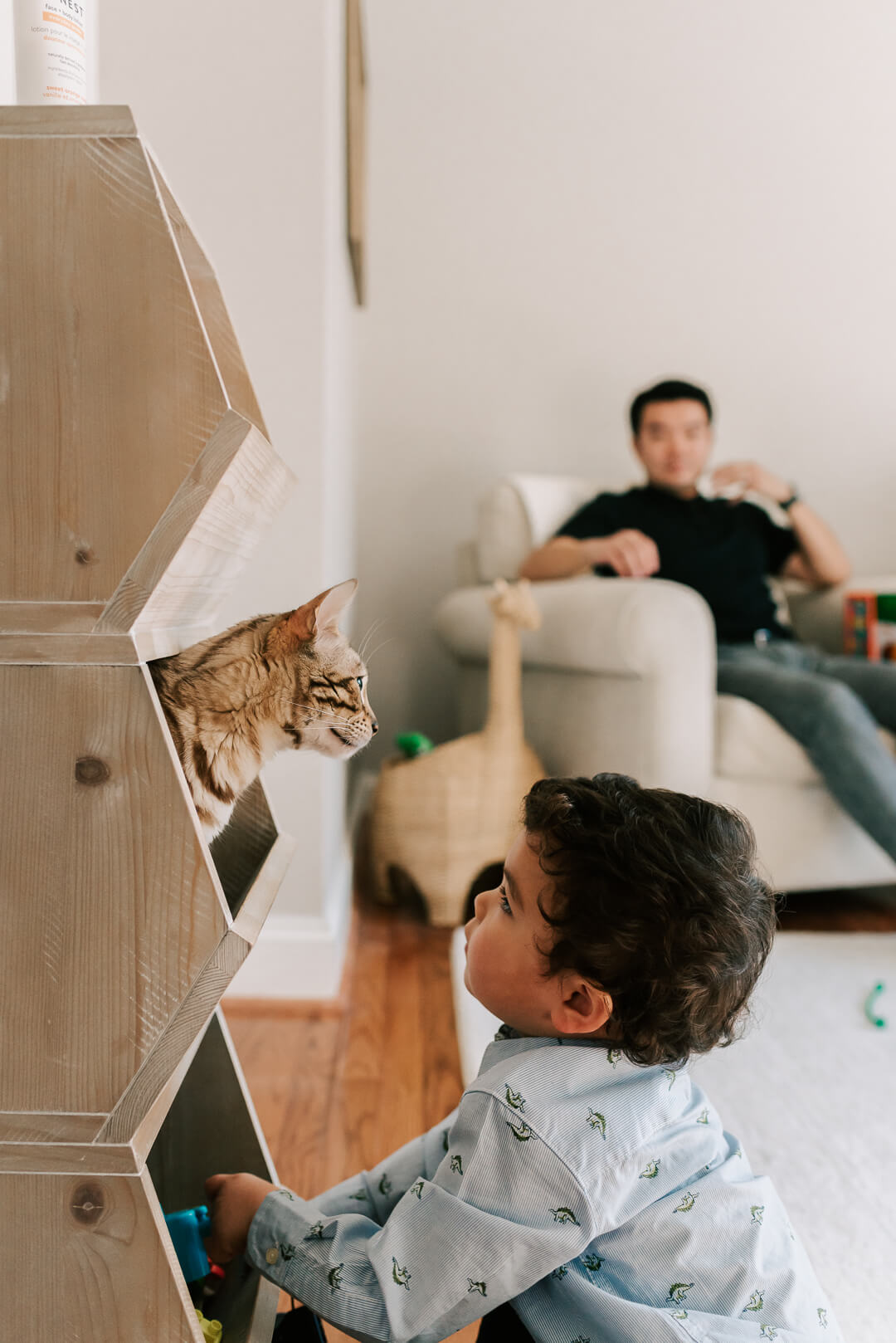 A toddler boy plays in a toy rack with his cat as dad looks on
